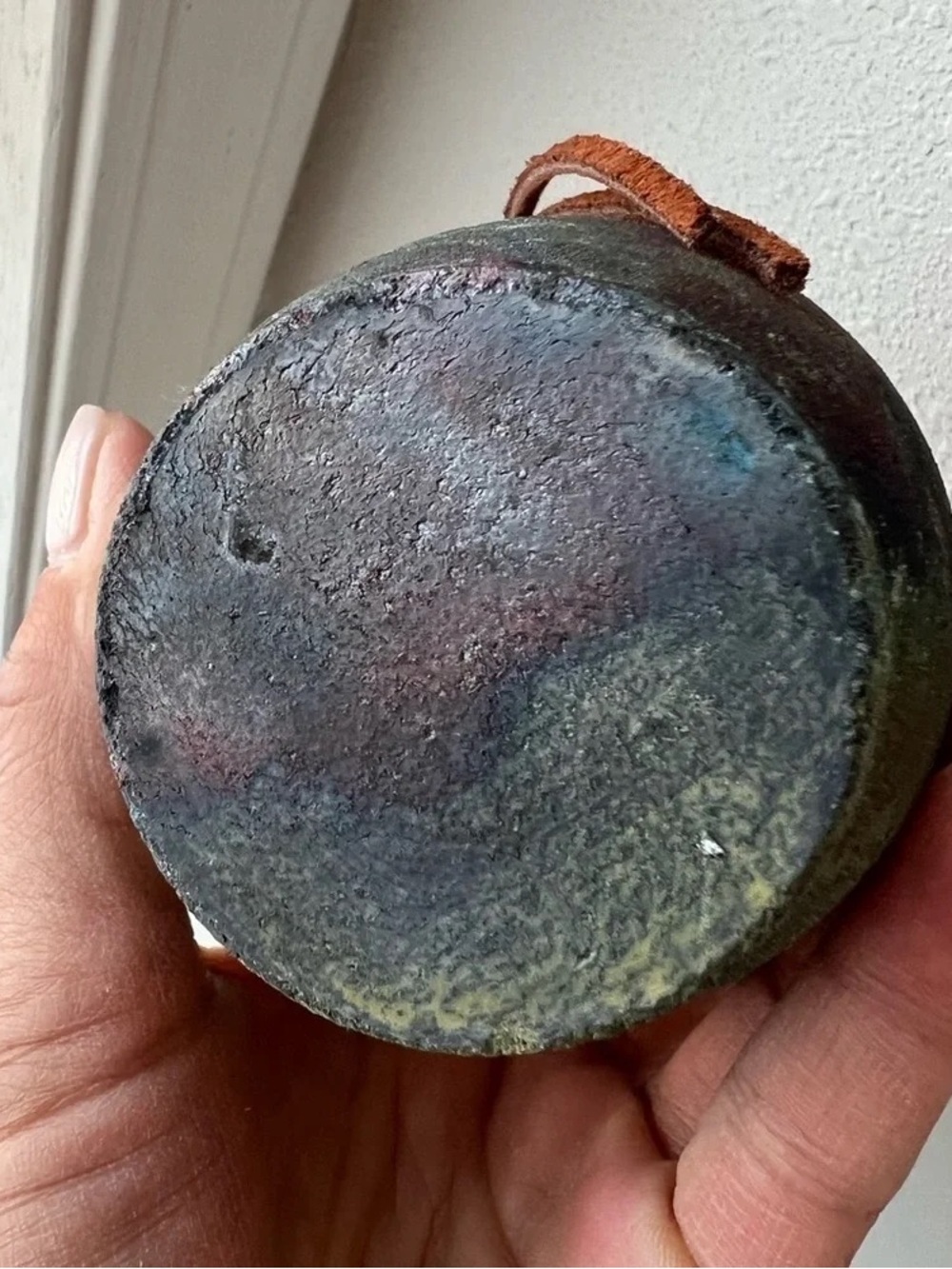 Handcrafted Green and Brown Ceramic Vase with Leather Tie - Picture 5 of 5